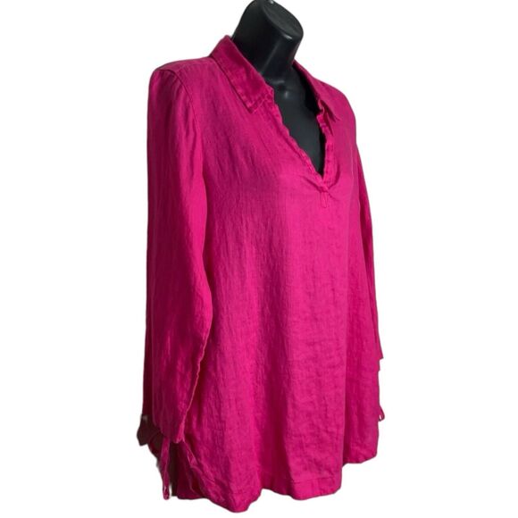 Isaac Mizrahi Linen Top Womens Small Pink Coastal Beach 3/4 Sleeve V-Neck Shirt - Picture 2 of 10